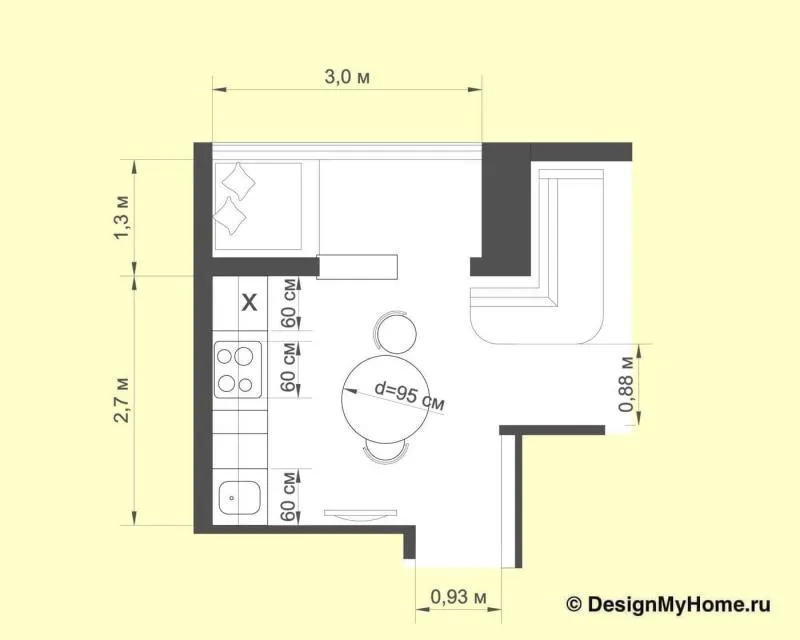 Планировка кухни 9 кв.м в стиле лофт (Instilier, г. Москва)