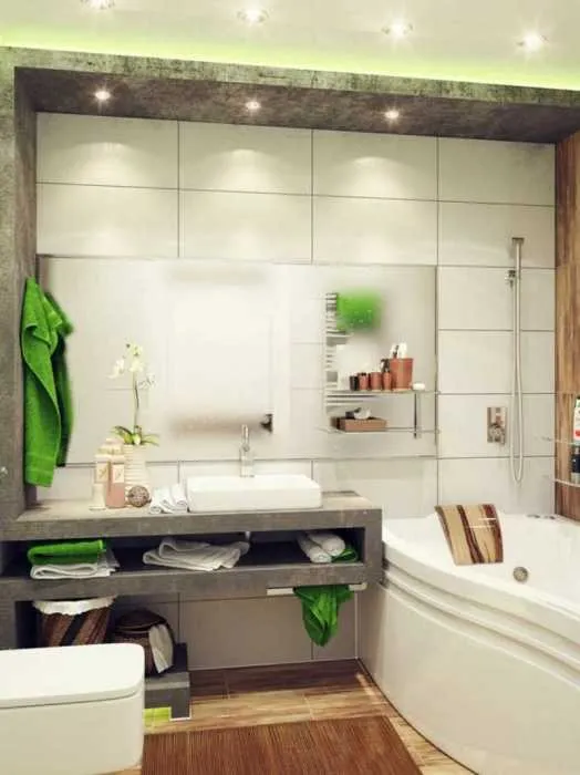 Натуральные материалы и нейтральная цветовая гамма с преобладанием зеленой палитры в интерьере ванной комнаты.