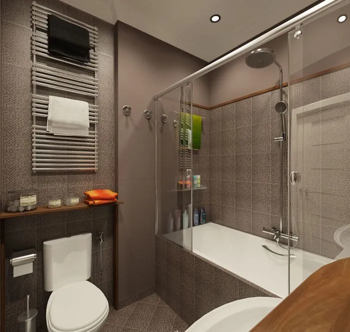 Ванная комната в сером цвете великолепно сочетает в себе деревянные поверхности и белые предметы сантехники.