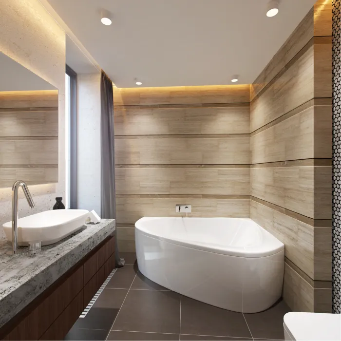 Ещё один пример небольшой ванной комнаты, которая выполнена в минималистском стиле.