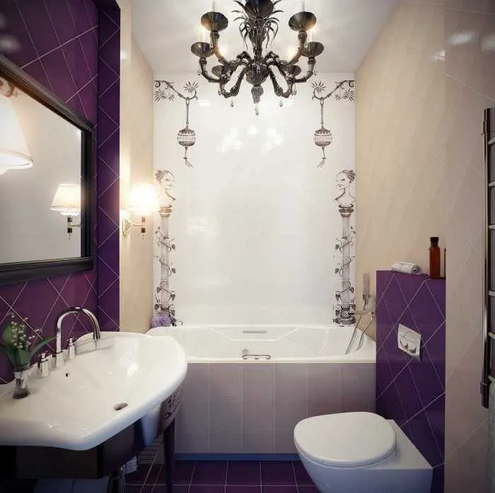 Применение фиолетового акцента позволит добавить выразительности общему виду ванной комнаты.