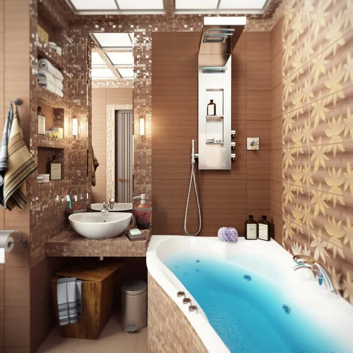 Необычная ванная комната в песочных цветах и оттенках, которая позволит окунуться в средиземноморскую атмосферу. 