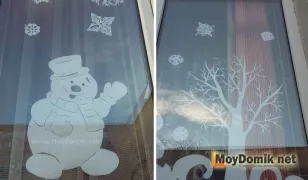 Как украсить окна на Новый год - снежинки, дерево и снеговик из бумаги