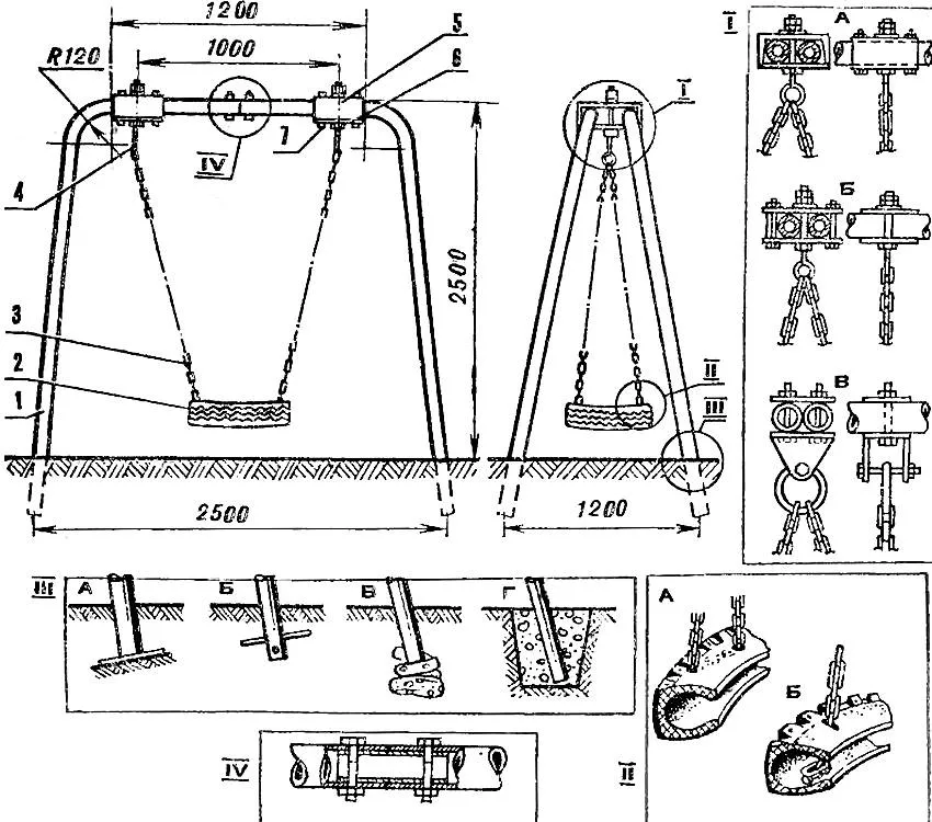Схема устройства подвесных качелей из автомобильной шины на металлическом каркасе: 1 - стойки; 2 - покрышка; 3 - сварная калиброванная цепь; 4 - болт М12 с проушиной; 5 - отрезок швеллера № 14 длиной 200 мм; 6 - стальная пластина 140х200 мм; 7 - болт М12