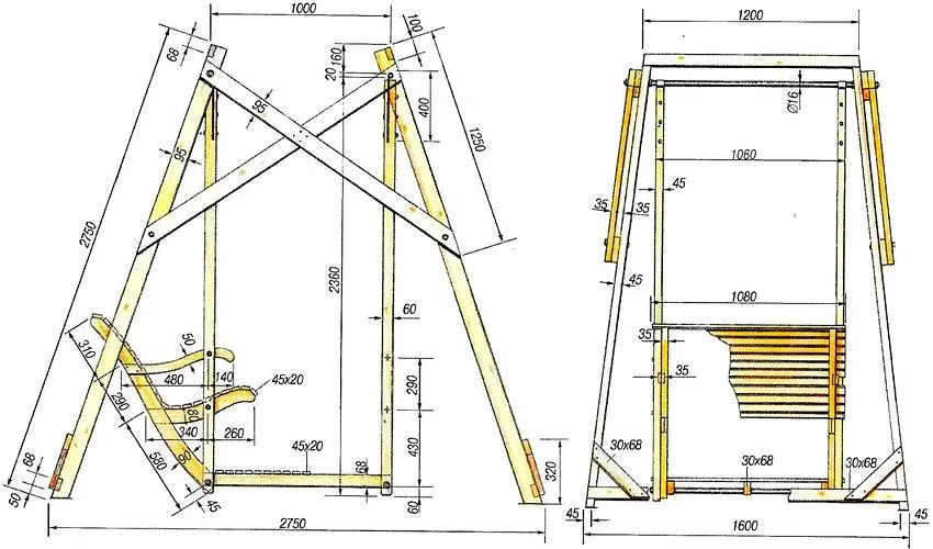 Схема устройства деревянных качелей с размерами