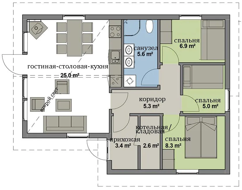 Пример планировки дома с тремя жилыми комнатами