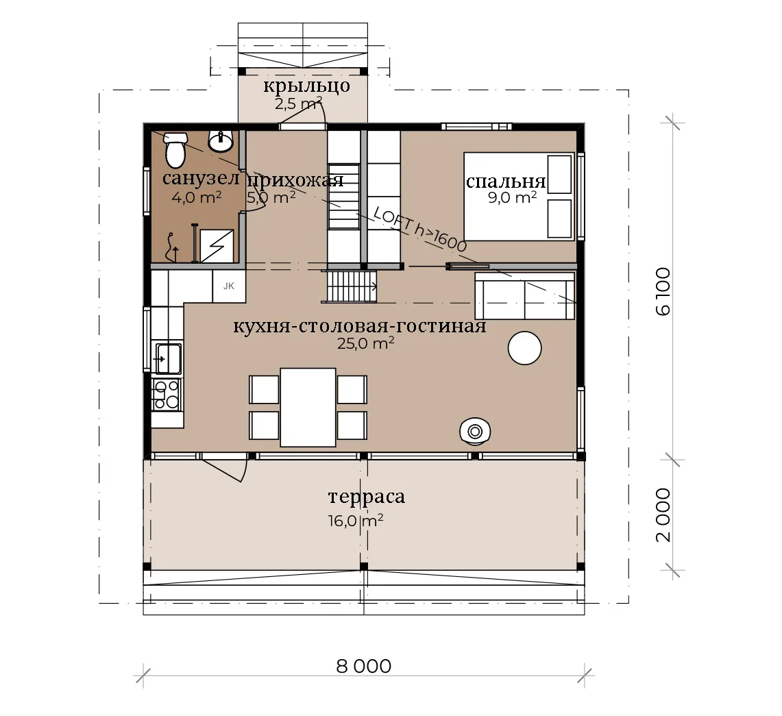 Пример планировки дома с одной спальней