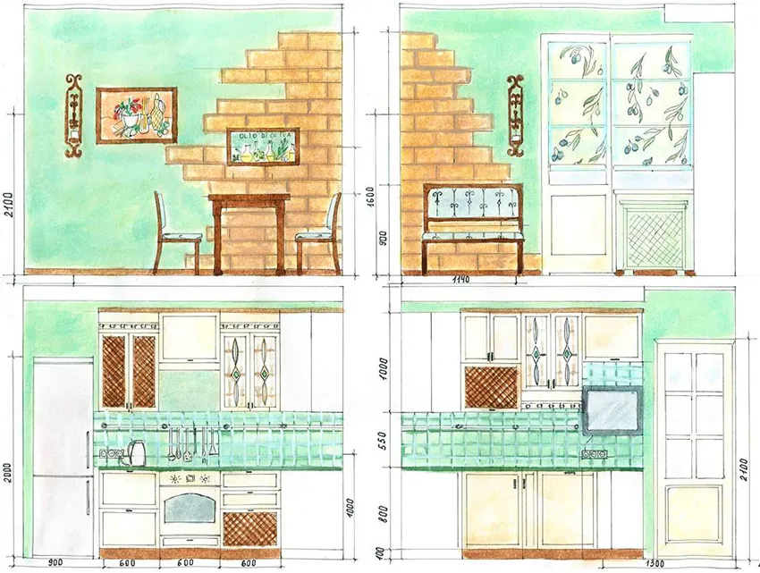 На развертке стен удобно указывать размещение кухонной мебели