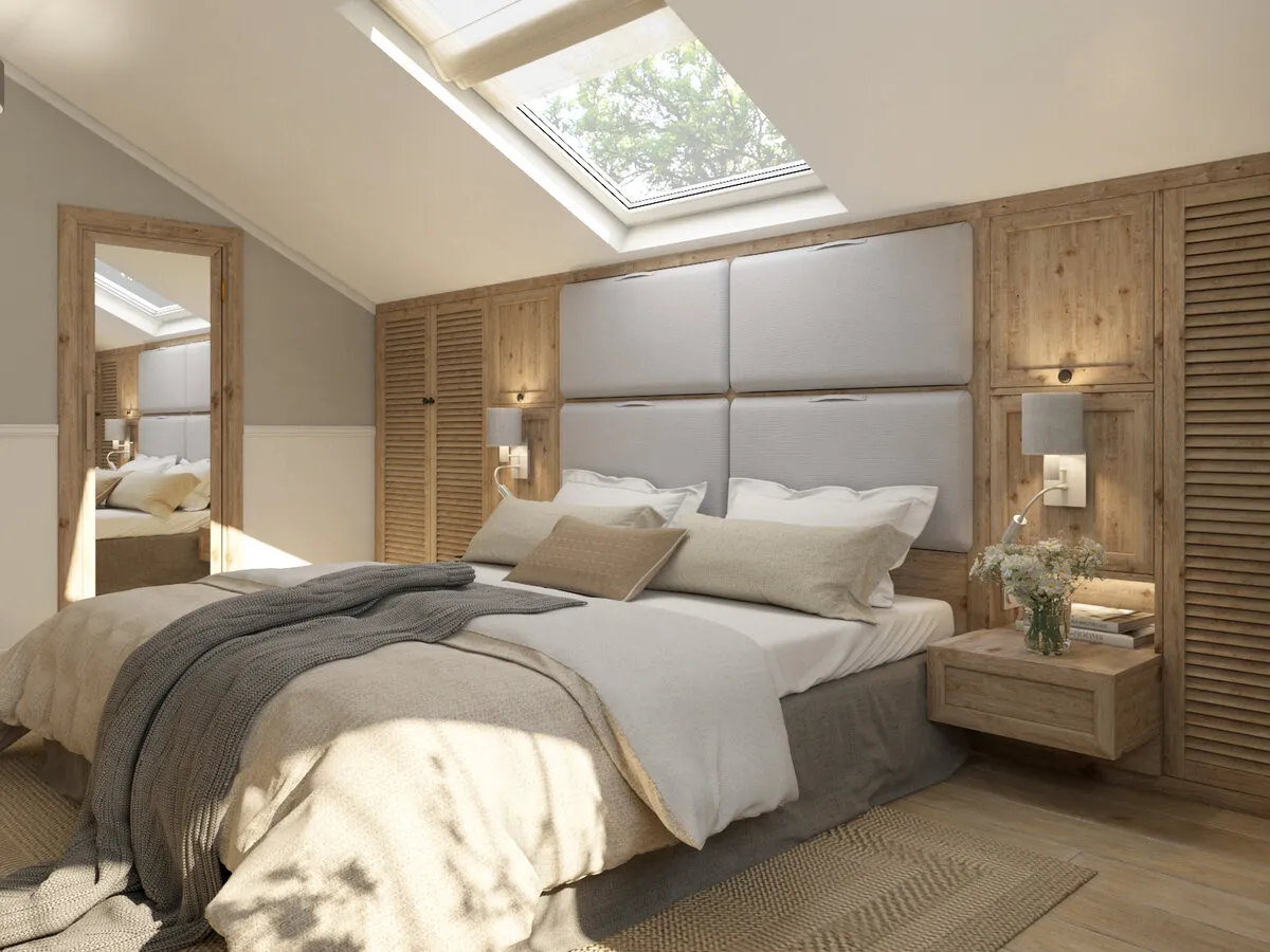 Спальня в мансарде со скошенным потолком