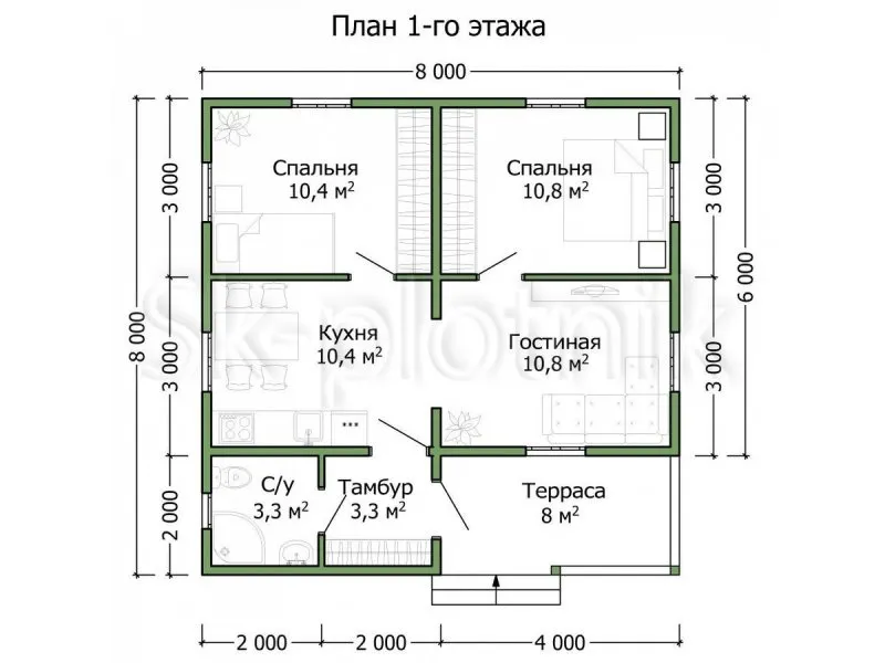 Каркасник 8х8 одноэтажный планировка