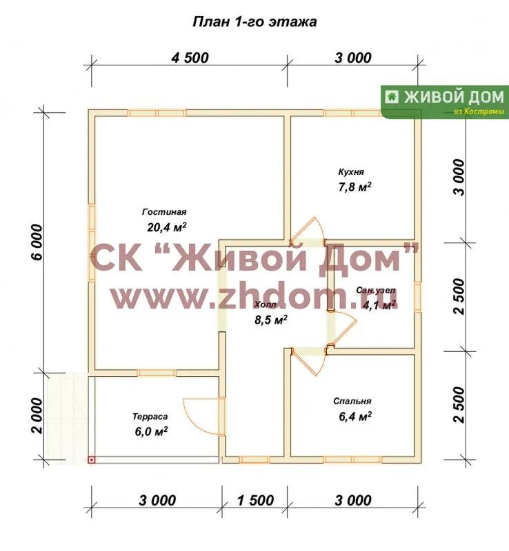 Одноэтажный каркасный дом 6х8, площадь 48м2