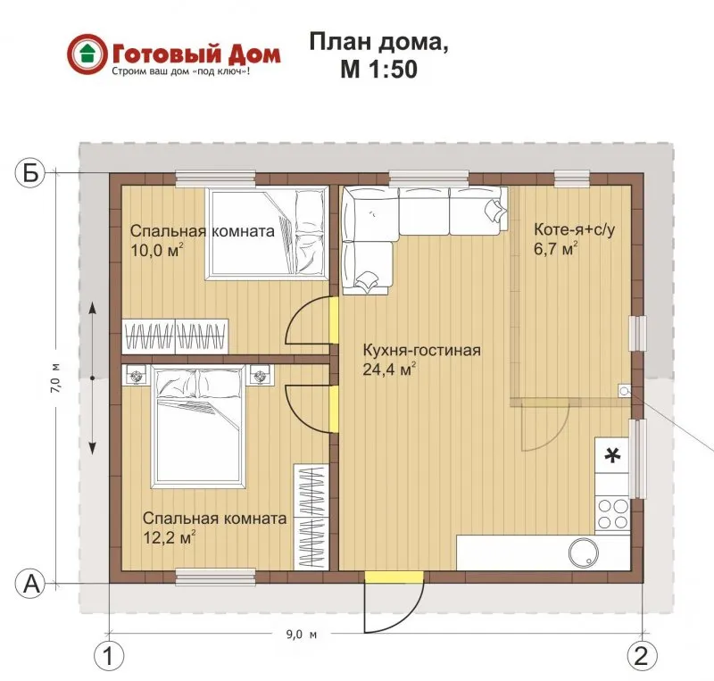 Одноэтажный домик 6х6 с двумя спальнями