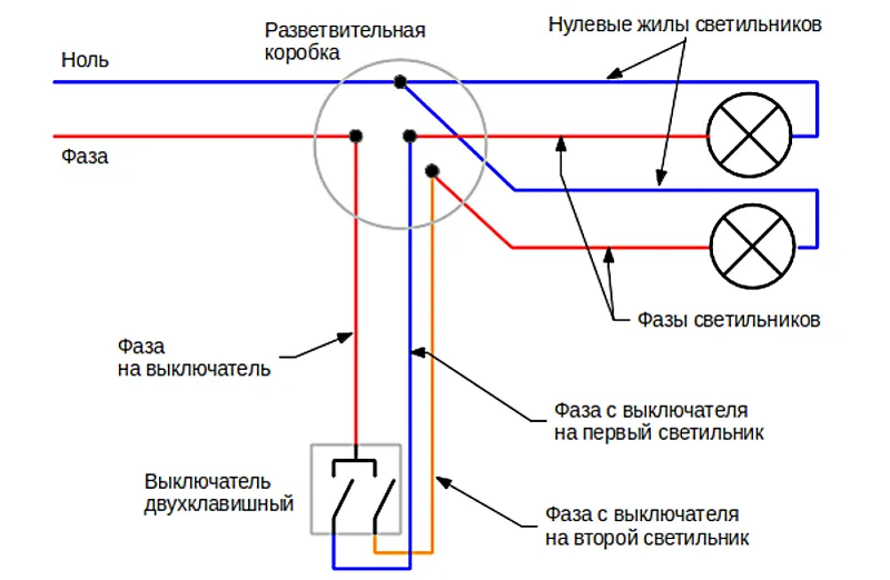 Схема 2х кнопочного выключателя без заземления