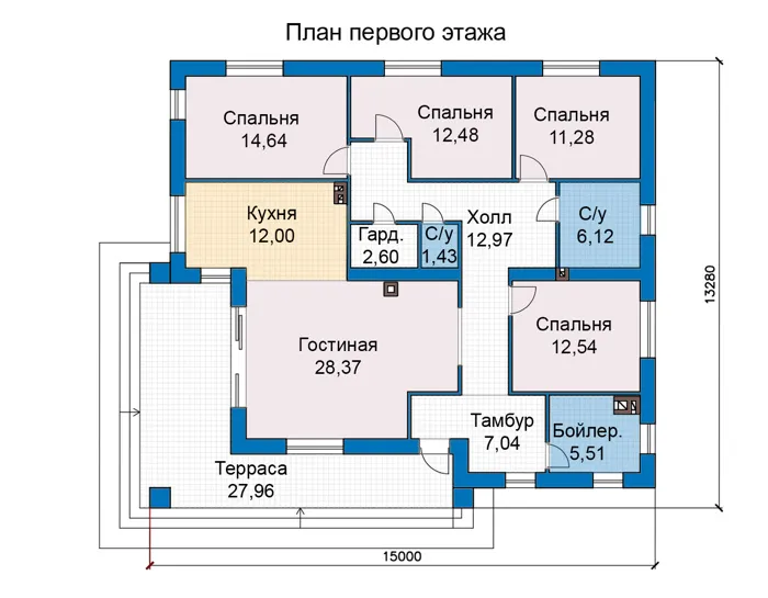 Планировка первого этажа :: Проект дома из кирпича 47-78