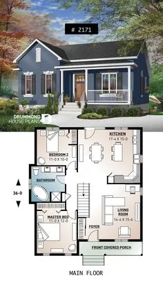 open floor plan: One-story economical home with open floor plan, ki... Tiny House Floor Plans, Small House Floor Plans, Small Cottage Plans, Budget House Plans, Small Cottage Homes