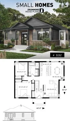 2 bedroom Rustic Modern home plan, split entry, large kitchen island, large full bathroom House Plans One Story, New House Plans, Dream House Plans, Dream Houses, Luxury Houses, Story House, Mini Houses