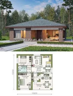 957A Современный одноэтажный дом. Общая площадь дома - 81.5 м2. Alfaplan.ru Modern Small House Design, Simple House Plans, House With Balcony, Affordable House Plans, 2 Bedroom House Plans, Compact House