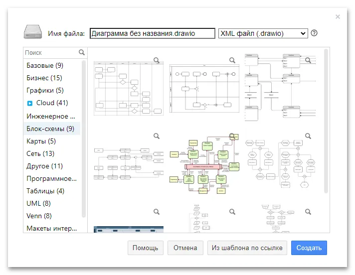Раздел с шаблонами диаграмм в приложении Drawio