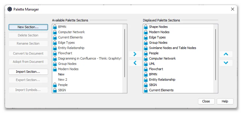 Управление палитрой объектов в программе yEd Graph Editor