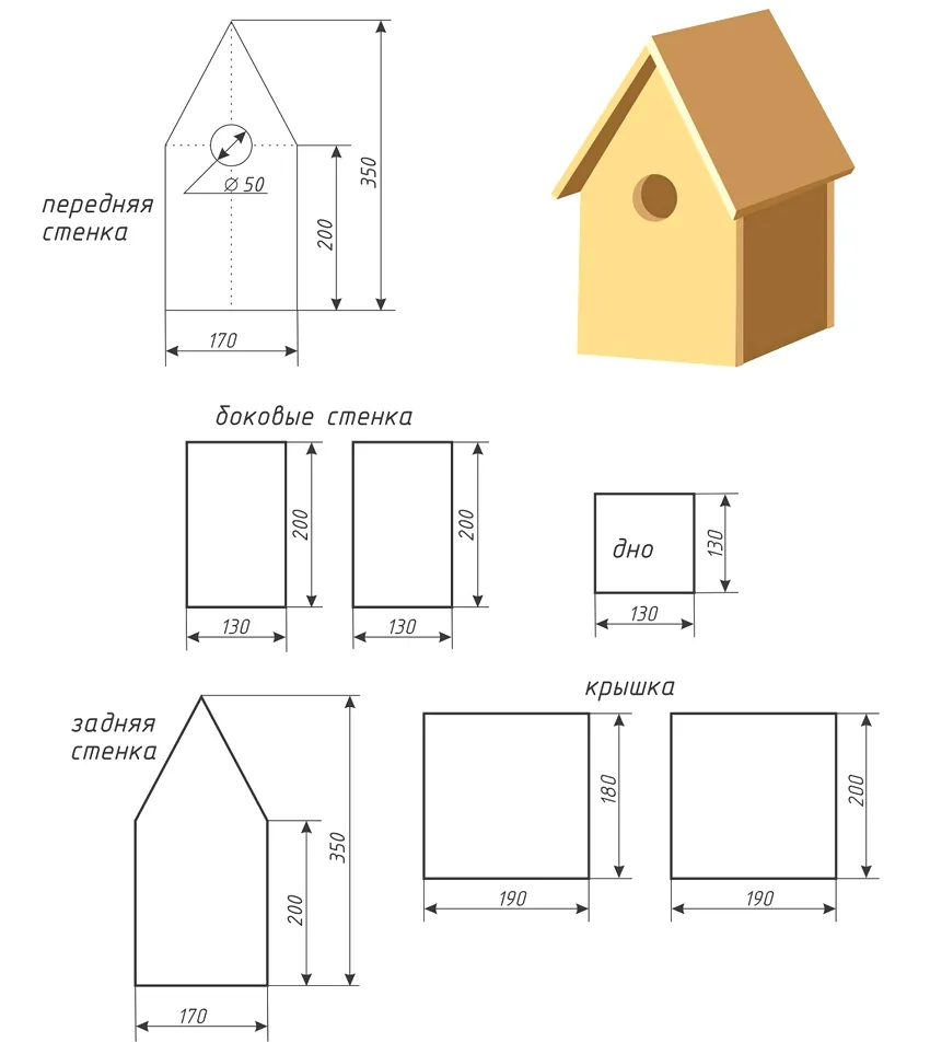 Чертеж с размерами птичьего домика для некрупных птиц