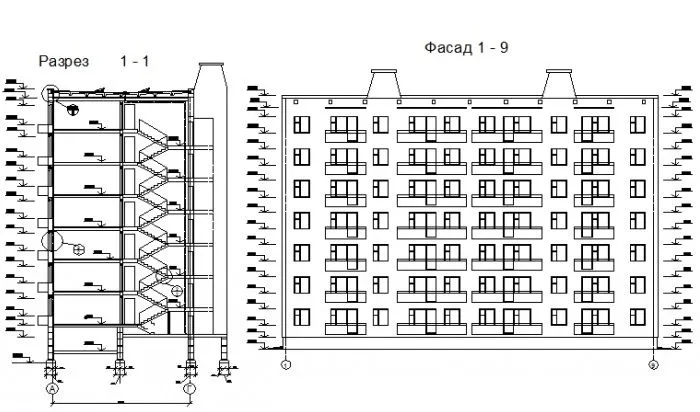 Разрез многоэтажного жилого здания.