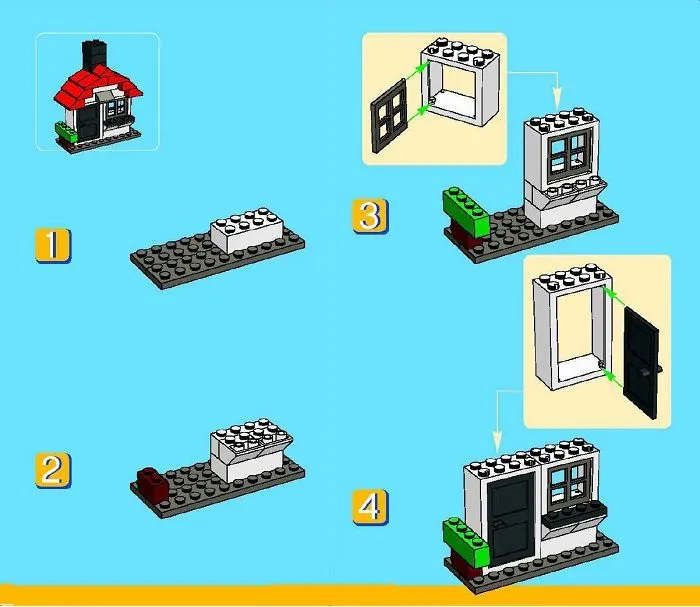 Пошаговая схема строительства мини-дома из блоков Лего: шаг 1-4