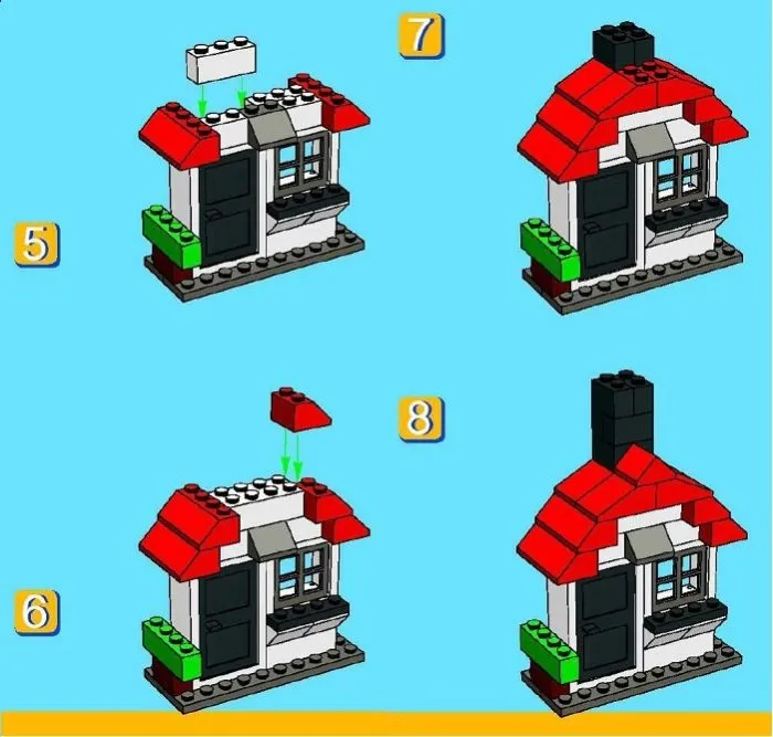 Пошаговая схема строительства мини-дома из блоков Лего: шаг 5-8
