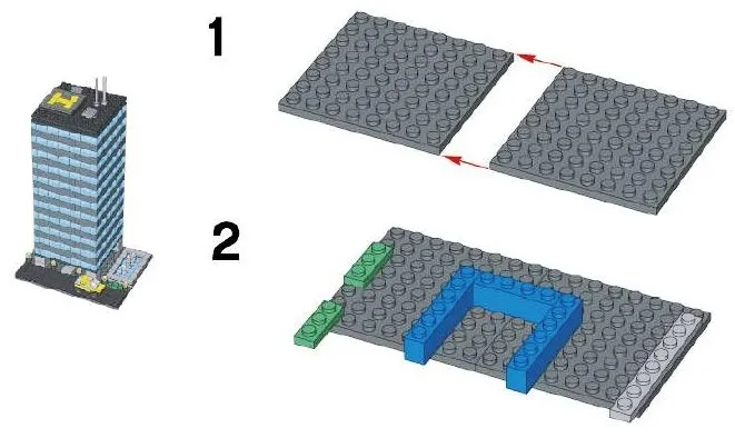 Схема постройки многоэтажного здания из конструктора лего: шаг 1-2