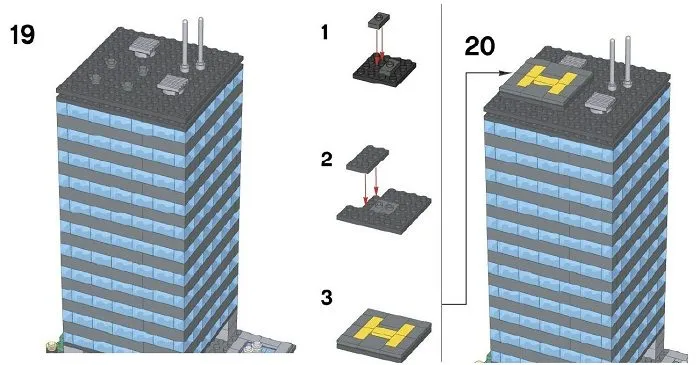 Схема постройки многоэтажного здания из конструктора лего: шаг 19-20