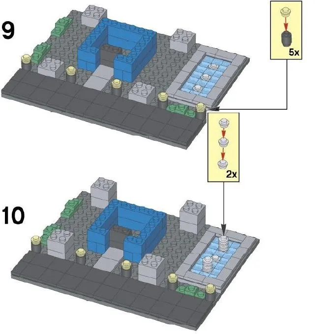 Схема постройки многоэтажного здания из конструктора лего: шаг 9-10