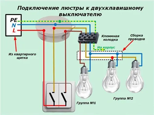 схема подключения двухкнопочного выключателя света на люстре